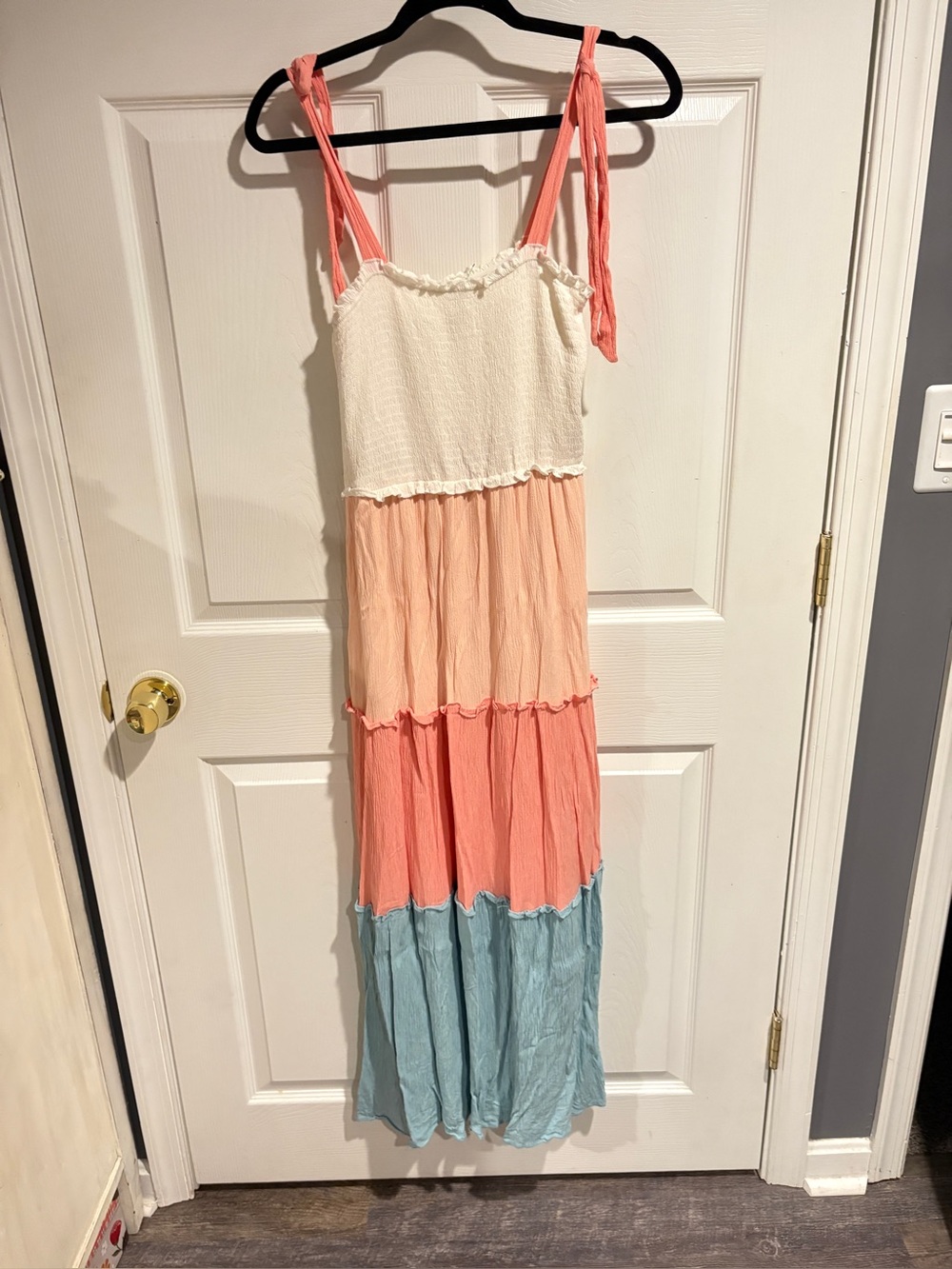 BeBop Cream, Peach, Coral & Sky Blue Tiered Maxi Dress with Tie Straps